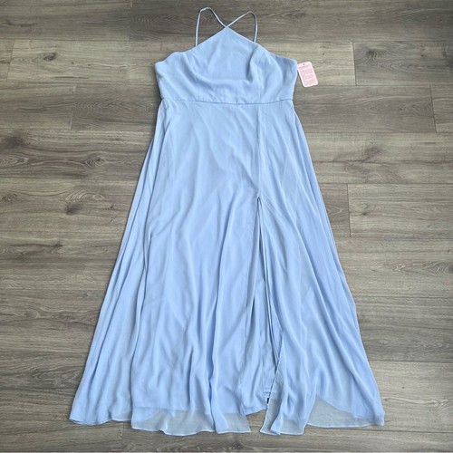 LOVELY Diamond Halter Maxi Dress Size 20 Sky Blue Lux Chiffon Side Slit Formal - Picture 3 of 12