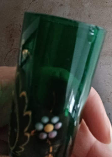 Vintage Green Glass Hand Painted Bud Vase 6.75" Tall - Picture 8 of 12