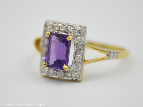 Natürlicher Diamant Amethyst 0,25 14kt massiv Gelbgold Ringgröße 6 # NEU - Bild 5 von 17