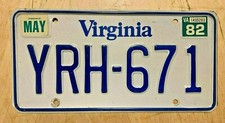 1982 VIRGINIA PASSENGER AUTO LICENSE PLATE " YRH 671 " VA 82