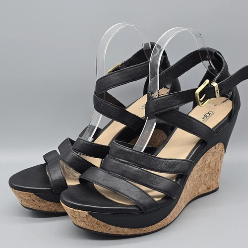 Sandali donna UGG neri in pelle Dillion taglia 10 plateau sughero zeppa cinturino