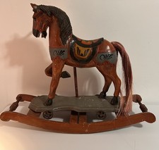 Vintage Hand Carved Wood hand Painted Rocking Carousel Horse Cast Iron Wheels