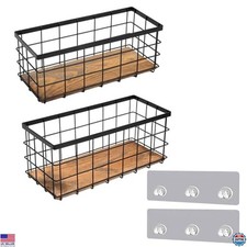 TIEYIPIN Black Metal Wire Storage Baskets with Wooden Bottoms - Set of 2  Hooks