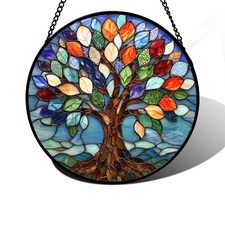Stained Glass Window Hanging, Colorful Tree of Life Sun Catchers Glass Panel ...