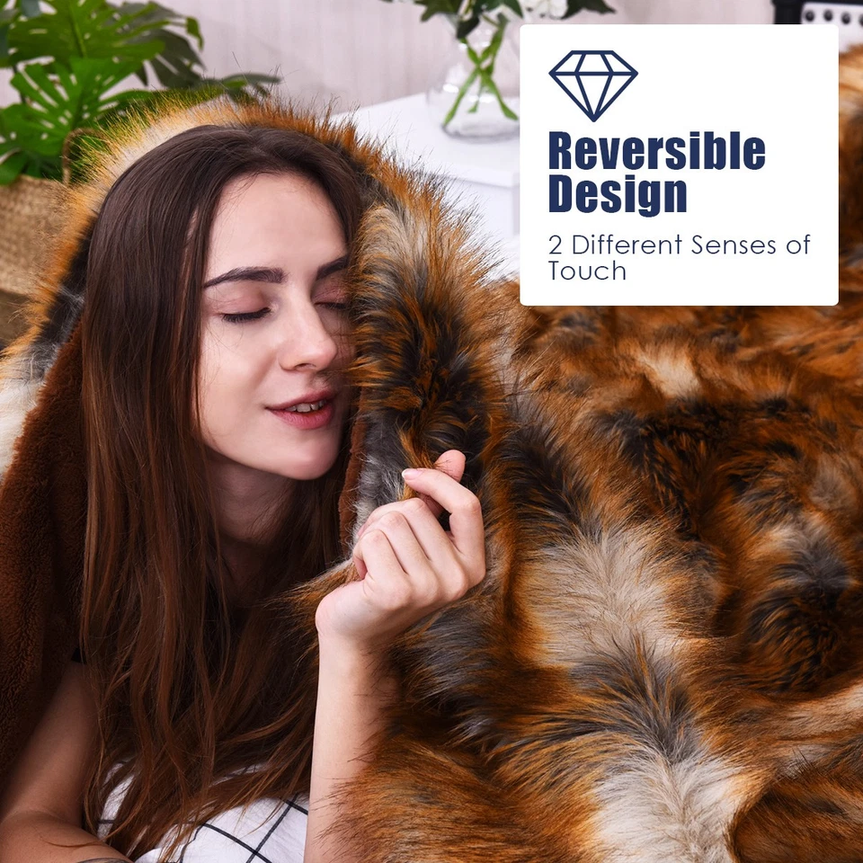 Luxury Faux Fur Throw Blanket w/ Reversible Design Couch Bed 84"x58" - Image 4 of 4
