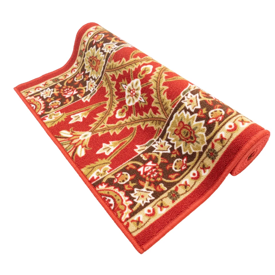 Alfombra de corredor roja Mahal oriental pila de bucle de bajo perfil antideslizante tamaño personalizado Foto 3 de 4