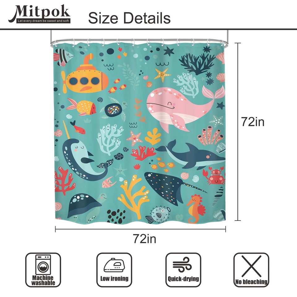 Juego de 4 cortinas de ducha para niños verde azulado 72Wx72H océano divertido dibujos animados ballena ba... Foto 4 de 4