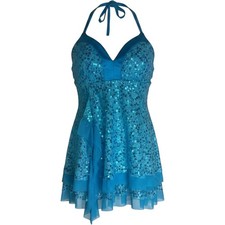 Kelle Turquoise Blue Sequin Lace Halter Dance Costume Tiered Mesh Adult Medium