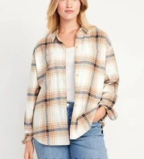 NWT Old Navy Women's Flannel Boyfriend Button Down Shirt Plaid Cream S, M, L, XL