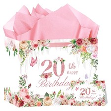 Pink 20th Birthday Gift Bag Large Happy Greeting Card Tissue Paper Wrap
