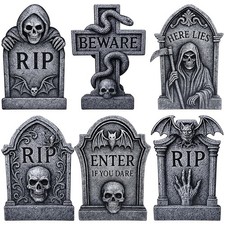 6 Pack Halloween Tombstone Yard Signs   RIP Graveyard Decorations with Skull,...