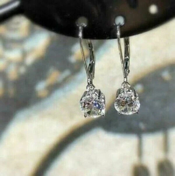 2Ct Round Lab Created Diamond Women's Drop/Dangle Earrings 14K White Gold Plated - Image 2 of 4