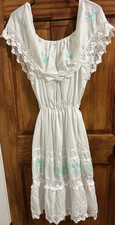 Vintage Mexican Hand-embroidered Dress White Medium Blue Flowers Crochet Frida