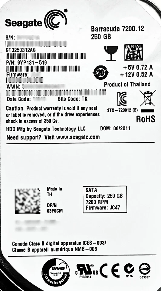 Dell 3F0CM 250GB 7.2K SATA Hard Drive 3.5" 6G ST3250312AS - Image 2 of 4