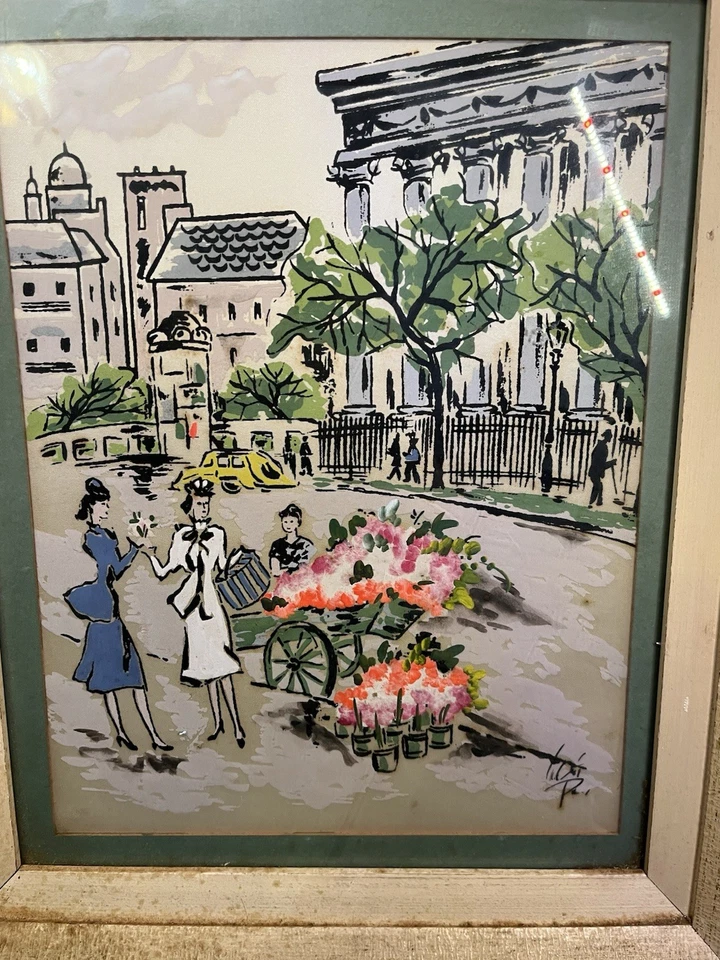 VTG ORIGINAL OILD HAND PAINTED ON SATIN PARIS FLOWER CART FRAMED ART 14.5 X 17.5 - Image 4 of 4