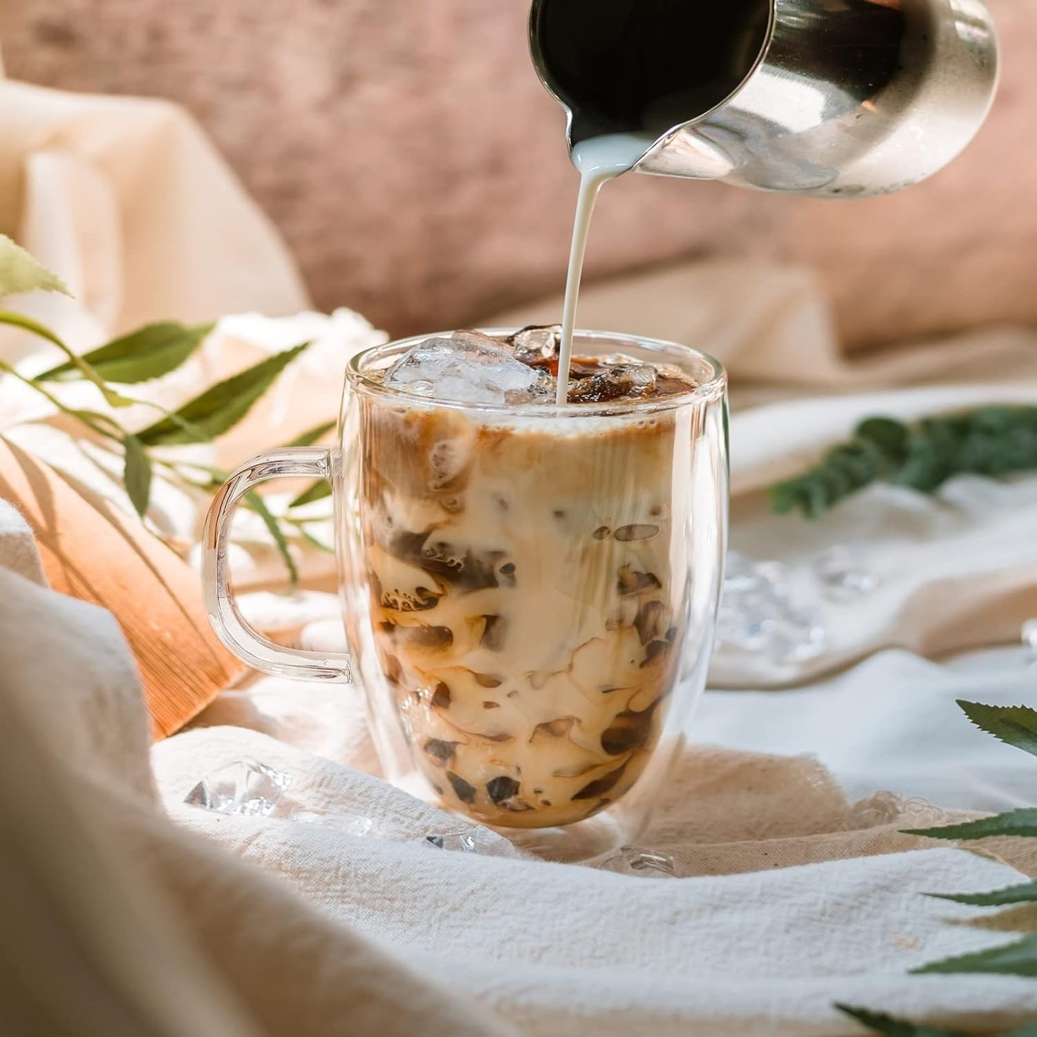 Double Wall Glass Coffee Mugs, Glass Coffee Mugs with Handle set of 4 cups