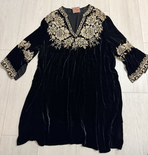 Johnny Was Velvet Dress Embroidered Floral Sz 1X Black / Beige