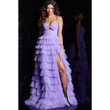 Jovani 38290 Lilac Ruffle Tiered Sweetheart Slit Evening Prom Formal Dress sz 4
