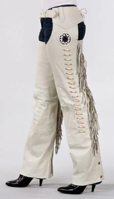 Native American Real Leather Western Chaps With Fringe, Bone & Indian Beads 