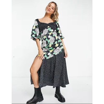 Asos Design US 26 Curve Mixed Print Shirred Midi Tea Dress With Bubble Sleeve
