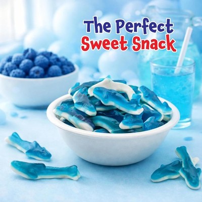 Blue Sharks Gummy Candy Blue Raspberry Marshmallow Flavor 2-Pound Pack