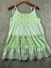 SheIn Womens Small Tiered Boho Mini Dress Tunic Green Patchwork Floral Adj Strap