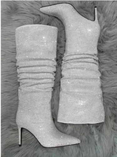 Stivali alti donna ginocchio punta strass tacchi alti scarpe da festa - Foto 5 di 17