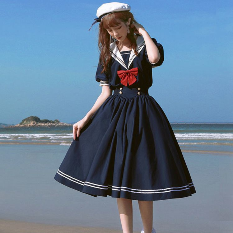 Japanese Lady Girl Lolita Tunic Dress Sailor Collar Bow