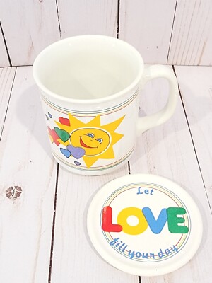  Let Love Fill Your Day Vintage Tea Mug w Lid Coaster White / Smiling Sun Hearts