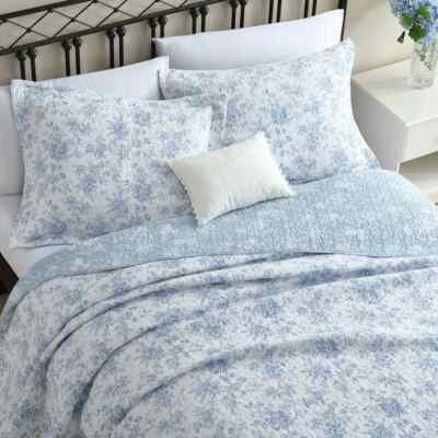 NEW! ~ COZY COUNTRY CHIC ROMANTIC SHABBY ROSE BLUE  GREY WHITE LEAF QUILT SET