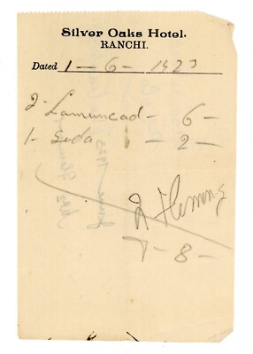 Vintage Silver Oaks Hotel Ranchi Indian bill head receipt 1923 #31