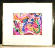 MYSTERY ARTIST VIVID ORIGINAL WATERCOLOR GEOMETRIC ABSTRACTION FRAMED N/R