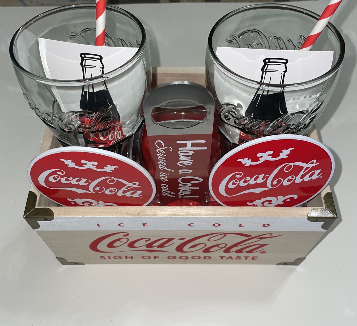 NEW Coca~Cola Wooden Crate Gift Set W/Glasses, & Coasters Movie