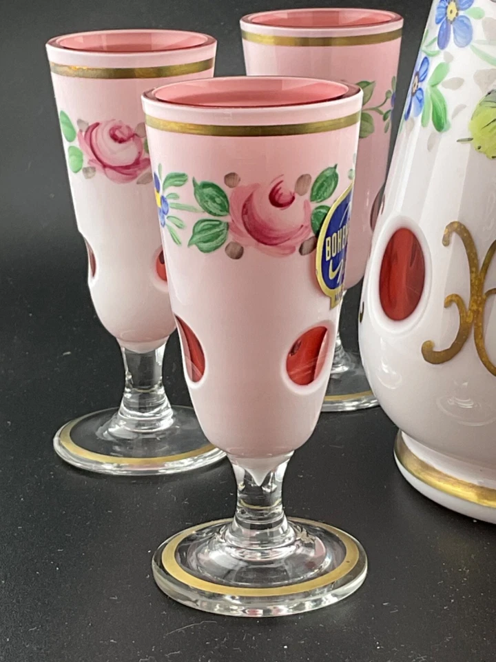 czech bohemian white cut to ruby overlay glass decanter set - Image 2 of 4