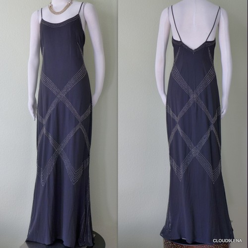 SUE WONG NOCTURN Black Silk Chiffon Beaded Slip Maxi Dress Gown Size 6 - 第 1/12 張圖片