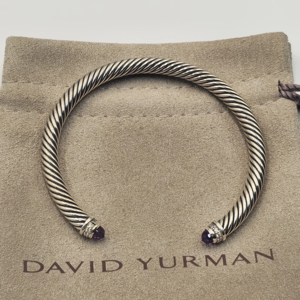 David Yurman Cable Classic Bracelet Amethyst Diamonds Sterling Silver 5mm - Image 2 of 4