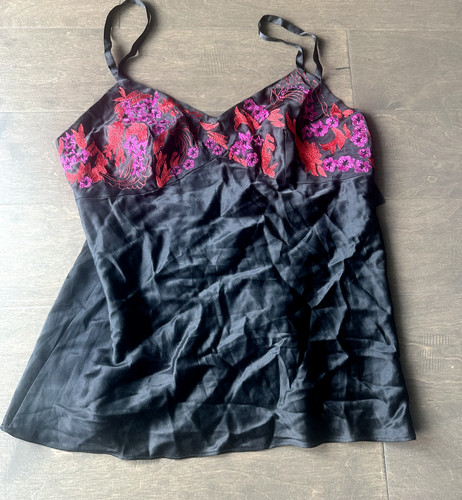 Josie Natori Silk Sleep Tank Adjustable Straps Black Red Floral Women's Small