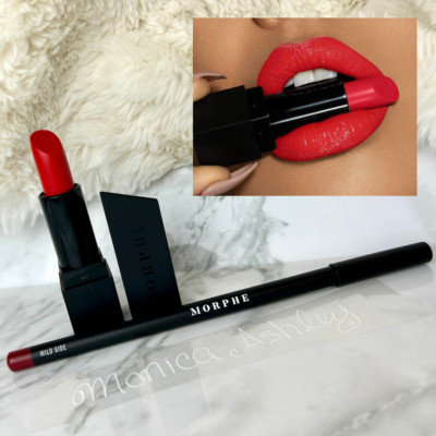 New Morphe Warm Red Lip Set, Hotshot Cream Lipstick + Wild Side Liner, Full Size