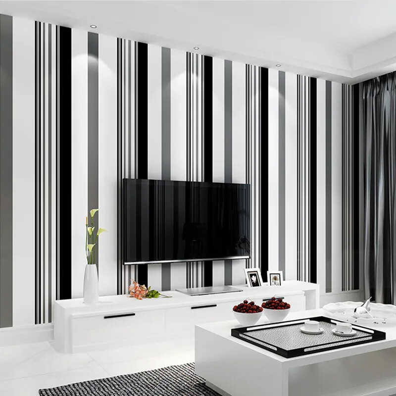10M Nonwoven Stripe Wallpaper Roll Black White Grey Wall Paper Rolls