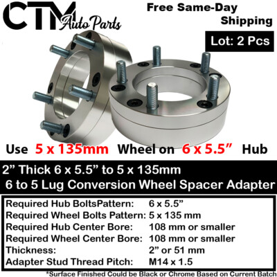2x 2'' 6x5.5'' to 5x135mm 108mm Bore Conversion Wheel Adapter Spacer Fit GMC &More