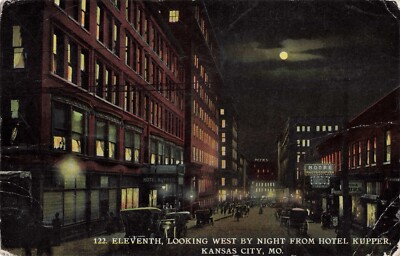 Eleventh Street West from Hotel Kupper at Night Kansas City Missouri 1912 PC