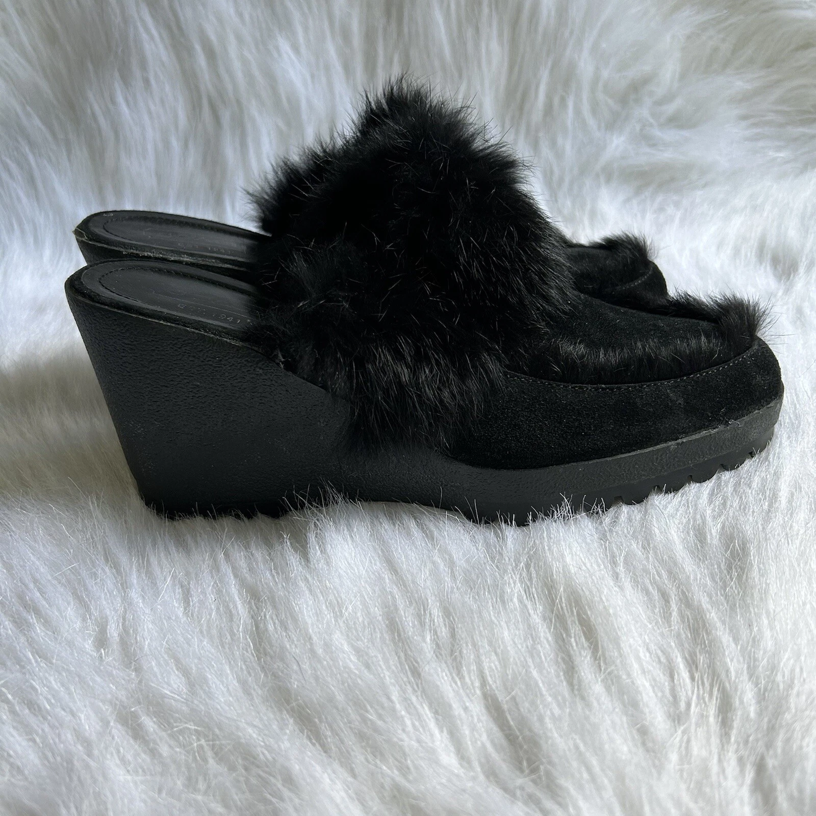 Zoccoli Coach Kaela scamosciati pelliccia di coniglio donna taglia 8 B neri scarpe con zeppa antiscivolo