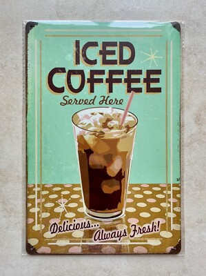 EISKAFFEE SERVIERT HIER BLECHSCHILD MANN HÖHLE BAR KNEIPE KÜCHE CAFE SOMMER 20x30cm