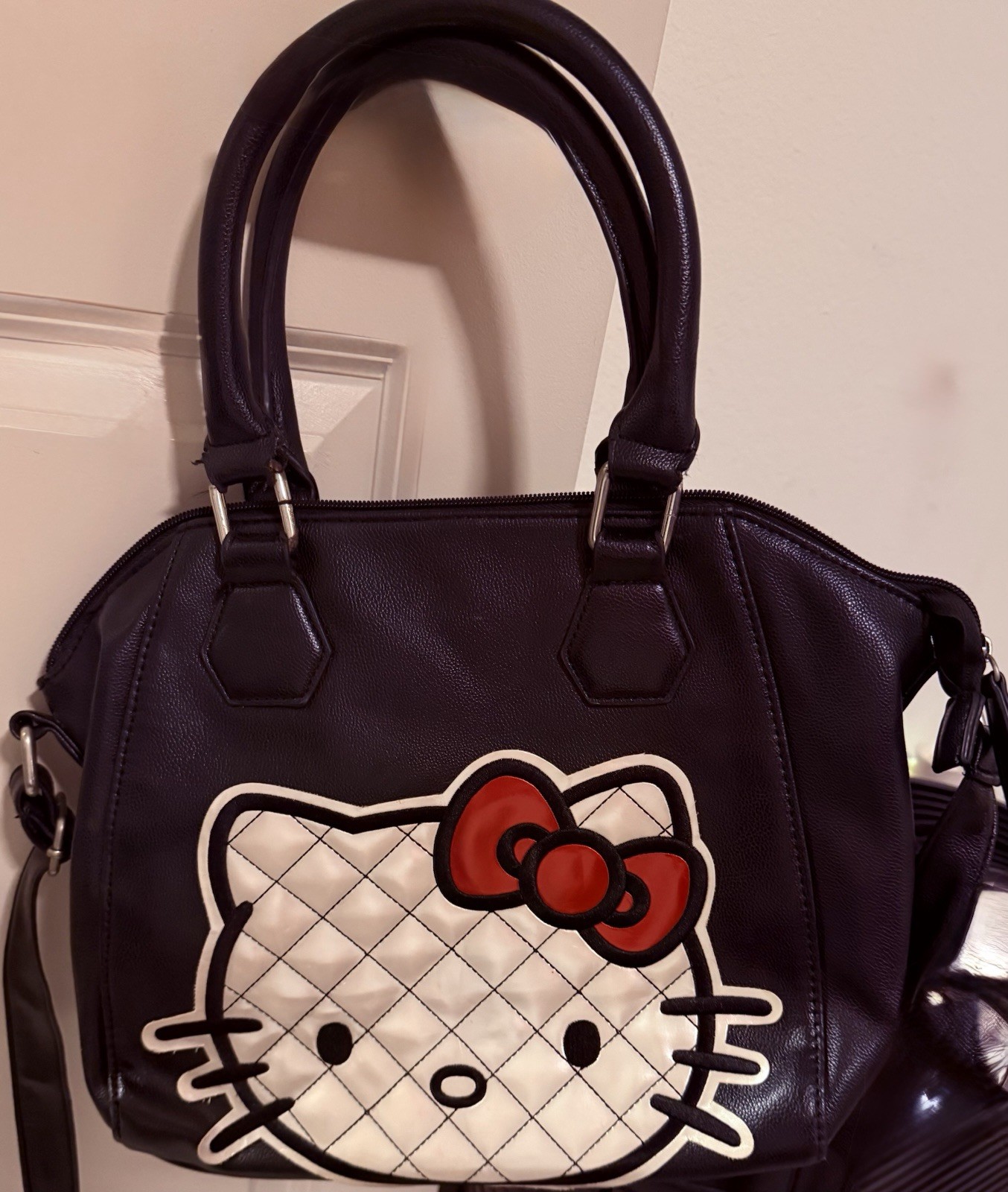 Rare Hello Kitty Quilted Face Black Shoulder Bag Tote Purse Sanrio Cute Kawaii