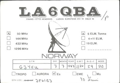Amateurfunk QSL/QSO LA6QBA G3YEU Oslo Norwegen 1987 50 MHz SSB Satellitenschüssel
