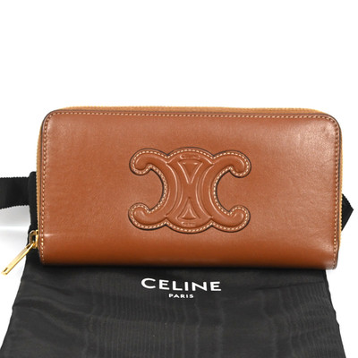 Auth Celine Triomphe Logo Zippy Leather Wallet Purse Broen