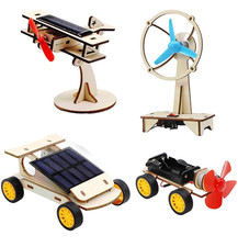 STEM 4 Set Solar Motor Kit,Wooden Model Electric Car Science Experiment Pro