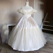Off Shoulder Champagne Satin Tulle Victorian Civil War Historical Ball Gown