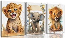 3Pcs Baby Safari Animal Canvas Wall Art Jungle Watercolor Animal Wall Decor P...