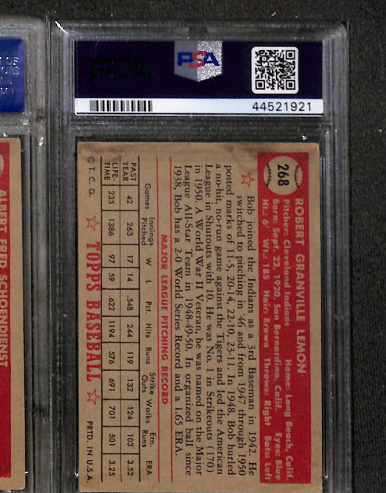 1952 TOPPS #268 BOB LEMON PSA 3 VG 44521921  view 2